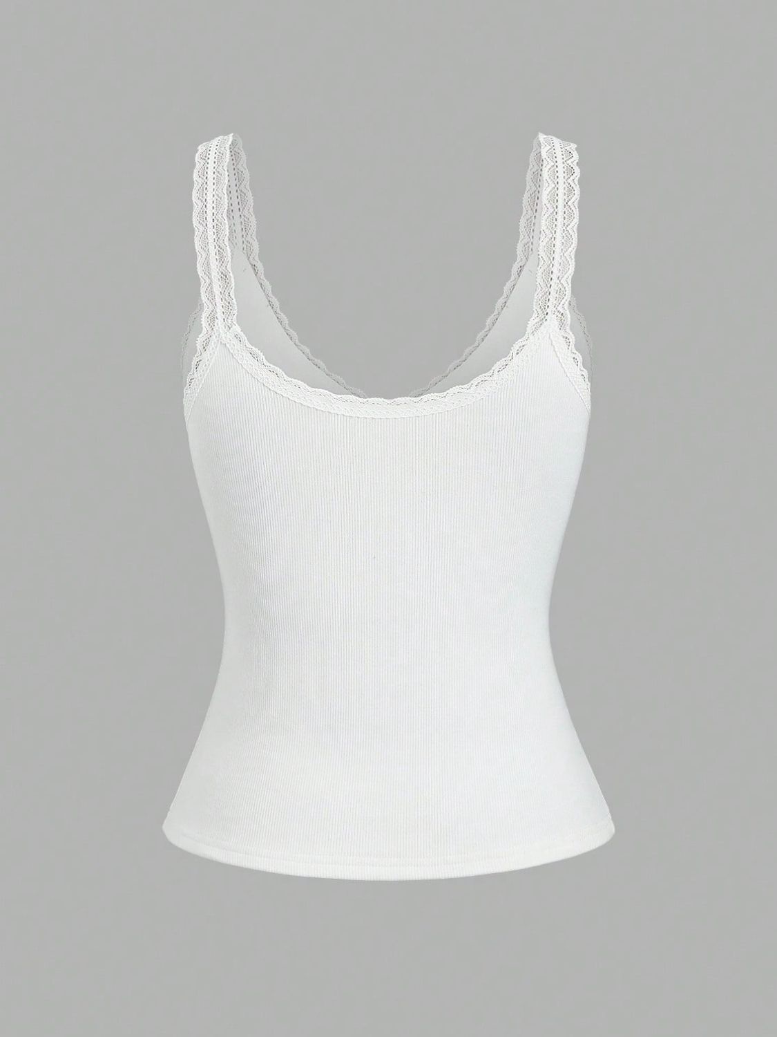 White Lace Trim V-Neck Tank Top with Wide Straps - Image 2