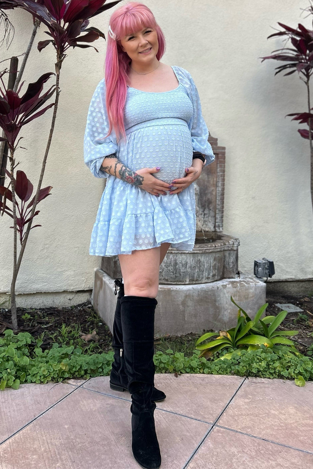 Light Blue Smocked Polka Dot Long Sleeve Maternity Dress