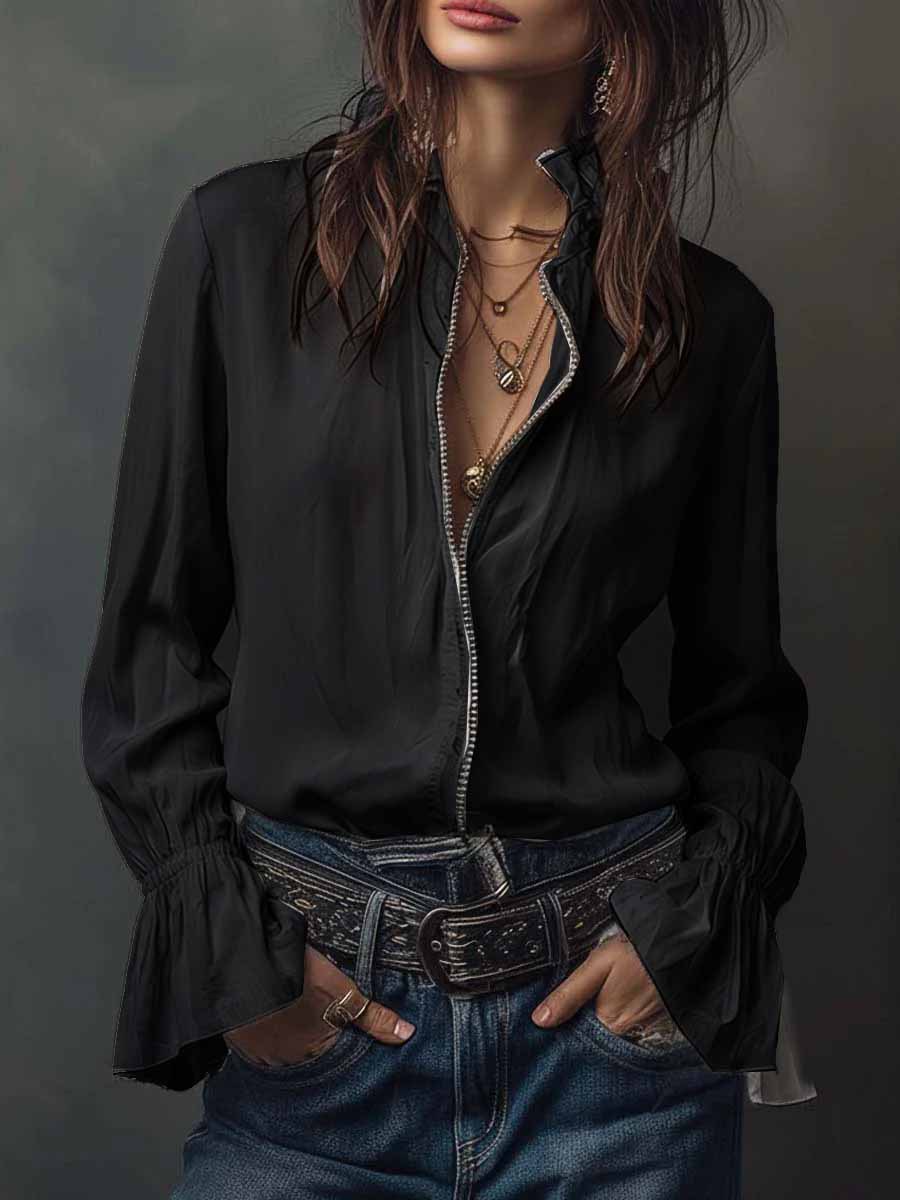 White Ruffled Long Sleeve Resort Blouse with Zipper Detail