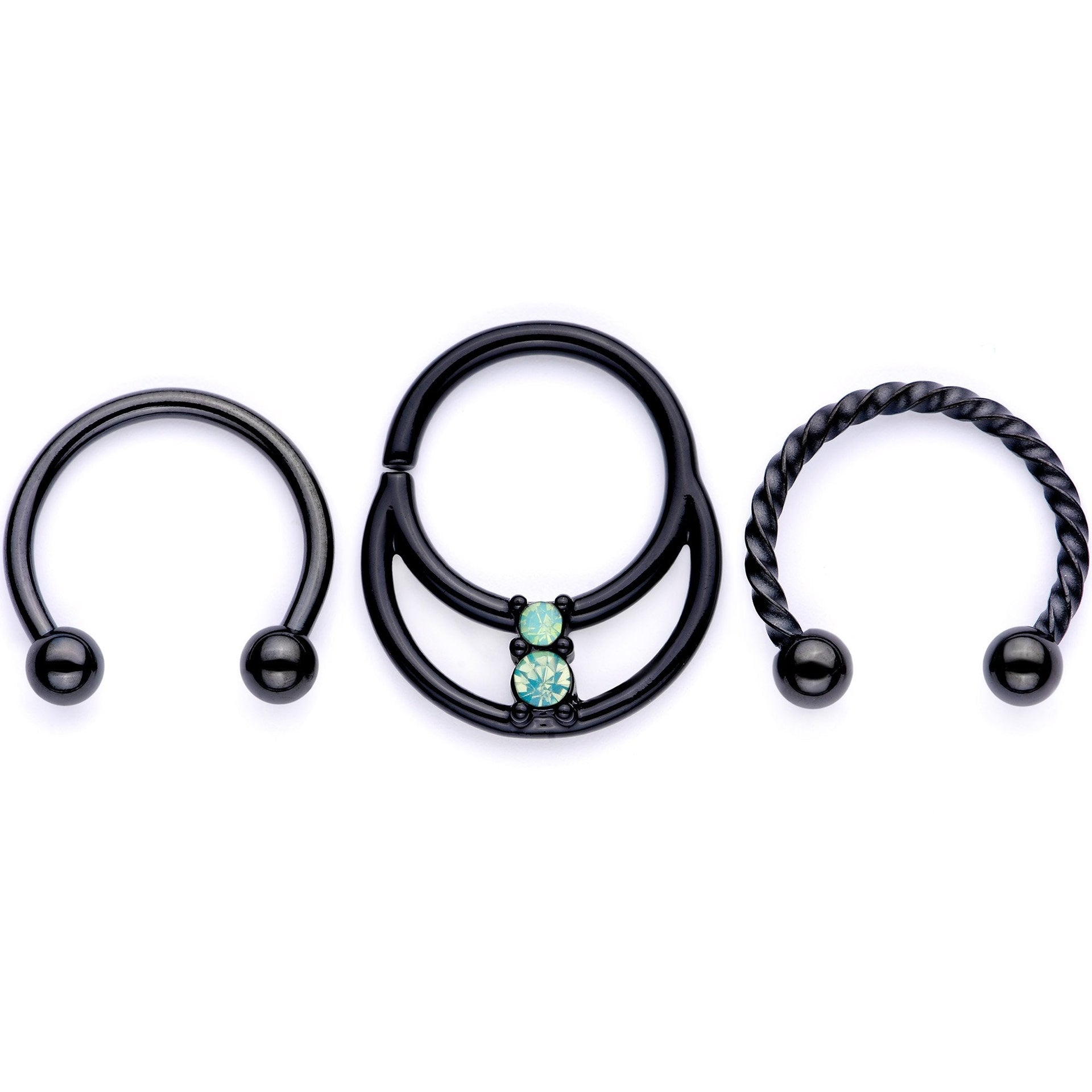 16G 3/8 Teal Faux Opal Black Anodized Horseshoe Closure Ring Set