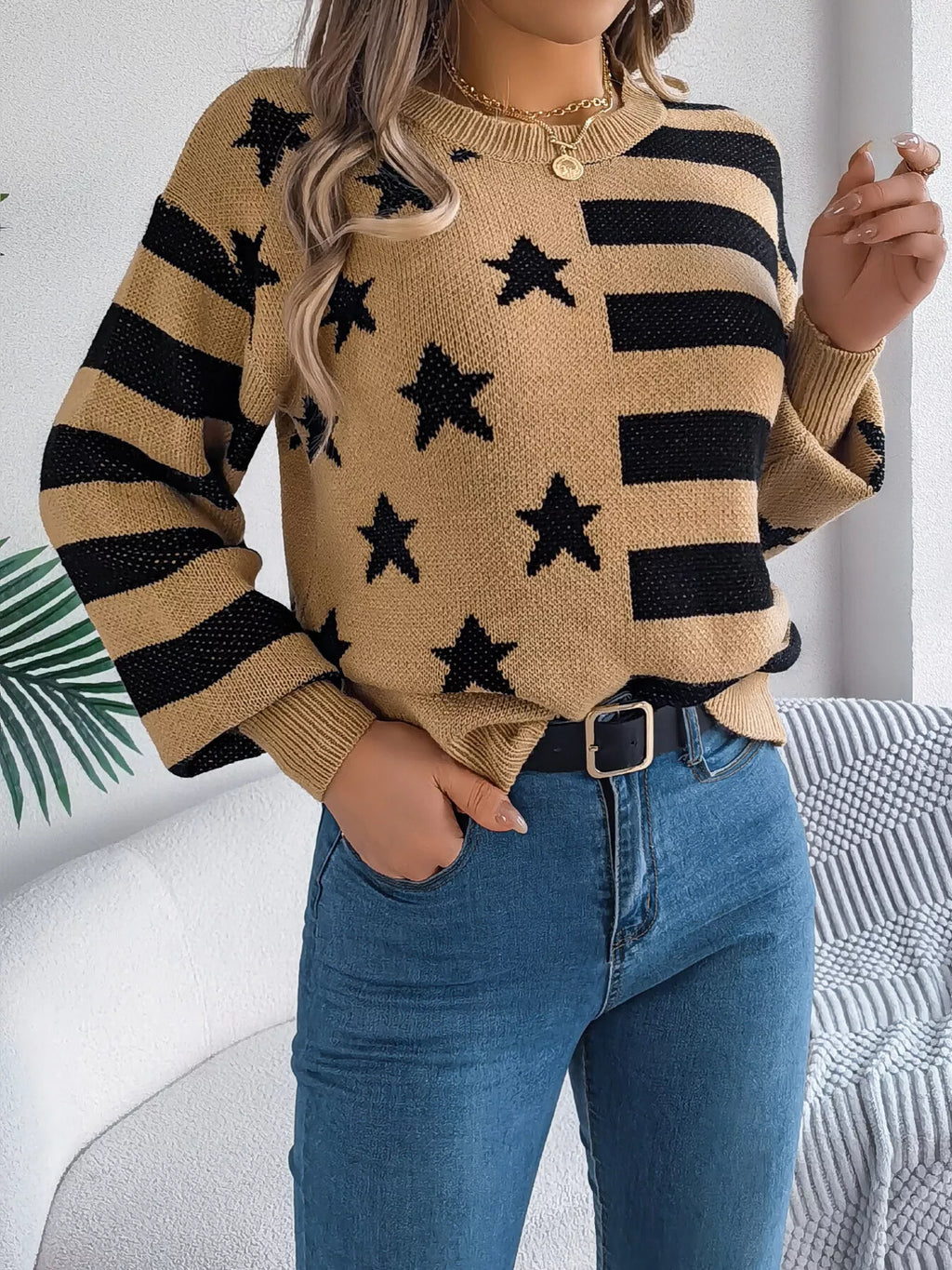 Stars and Stripes Pattern Casual Round Neck Sweater