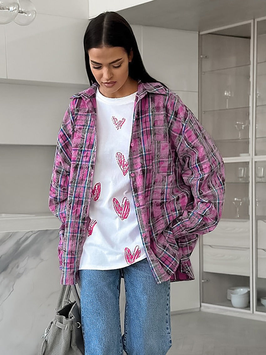 Versatile Pink Plaid Cotton Loose Fit Long Sleeve Button Shirt - Image 3