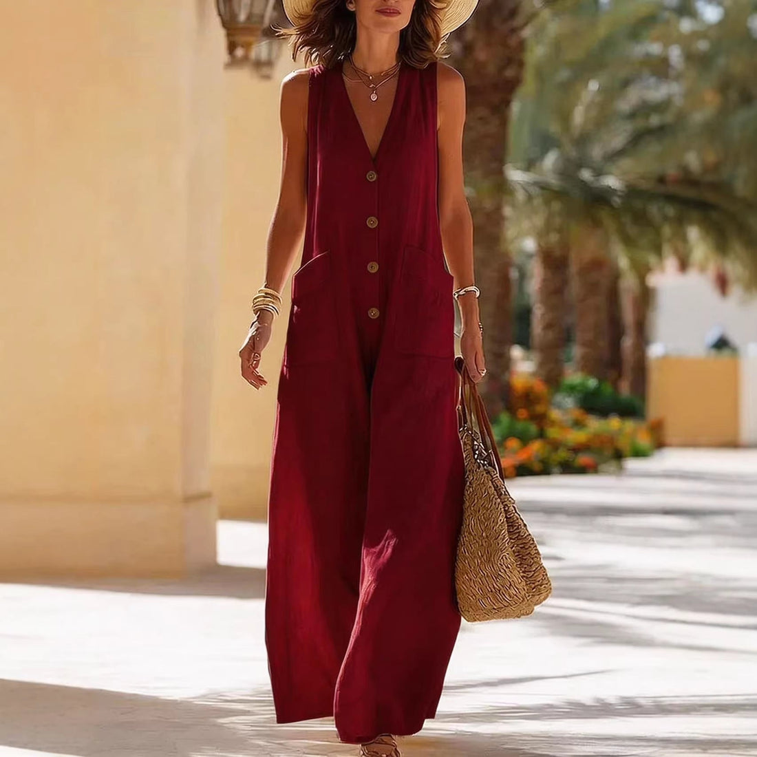 Women's Sleeveless Cotton-Linen Wide-Leg Button Front Jumpsuit - Image 6