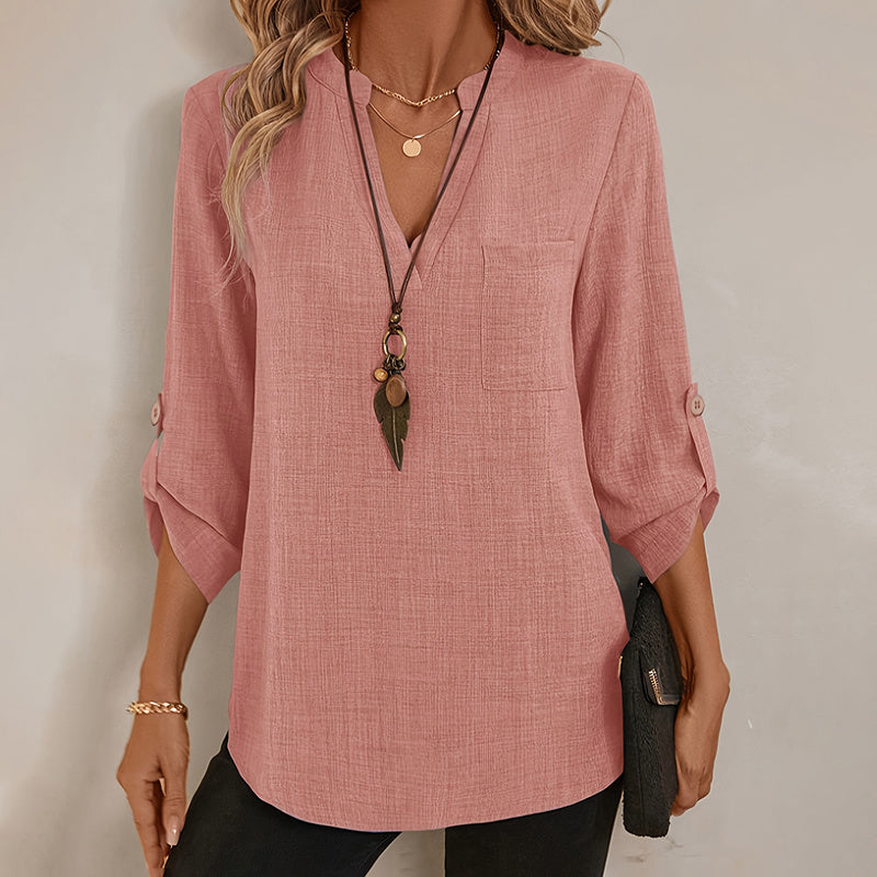 Womens Casual Notch V-Neck Tunic Blouse with Roll-Up Sleeves - Image 4