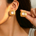 Women Multi Wave Square Faux Shell Stud Earrings, PVD Gold Plated Minimalist Vintage Daily Office Gift Jewelry