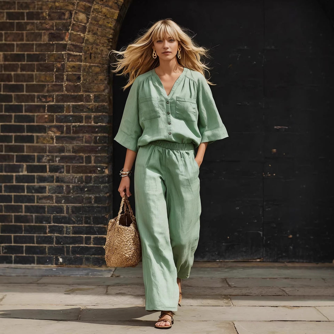 Women's Linen Blend Button-Up Cardigan and Wide-Leg Pants Set - Image 3