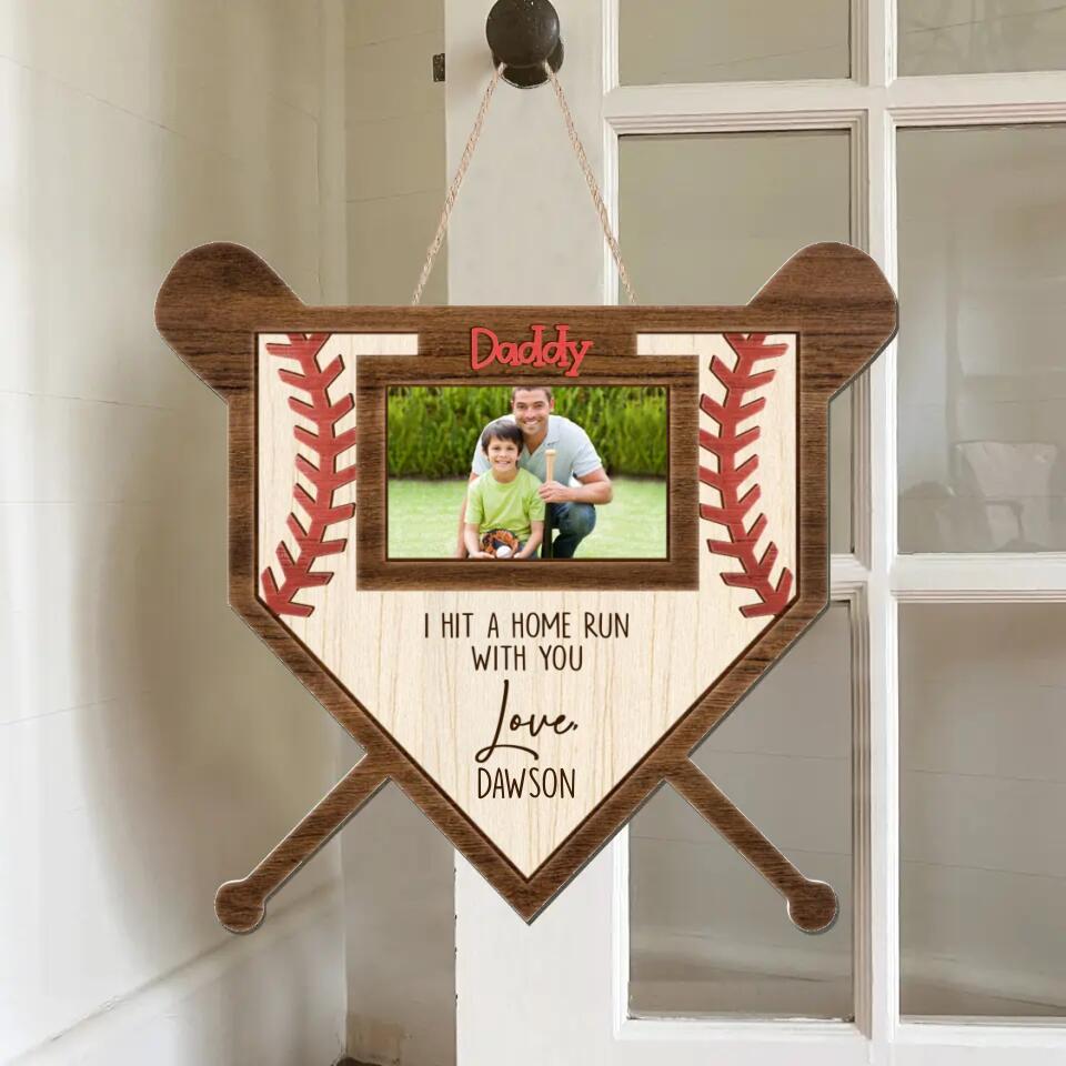 Personalized Baseball Wooden Sign - Gift Idea From Kid To Dad - Upload Photo - Daddy, I Hit A Home Run With You
