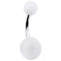 White pom pom navel ring with 14 gauge surgical steel curved barbell