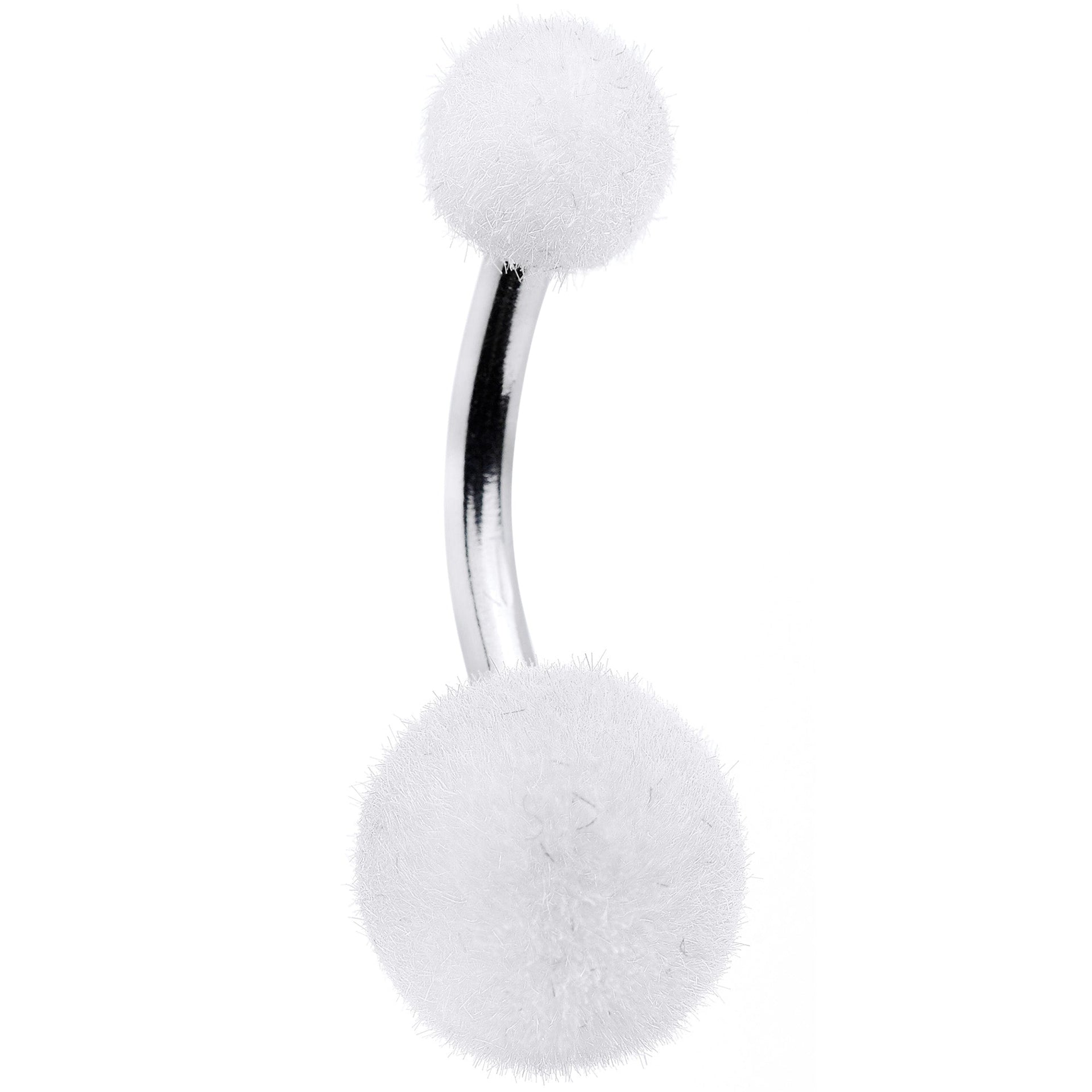 White pom pom navel ring with 14 gauge surgical steel curved barbell