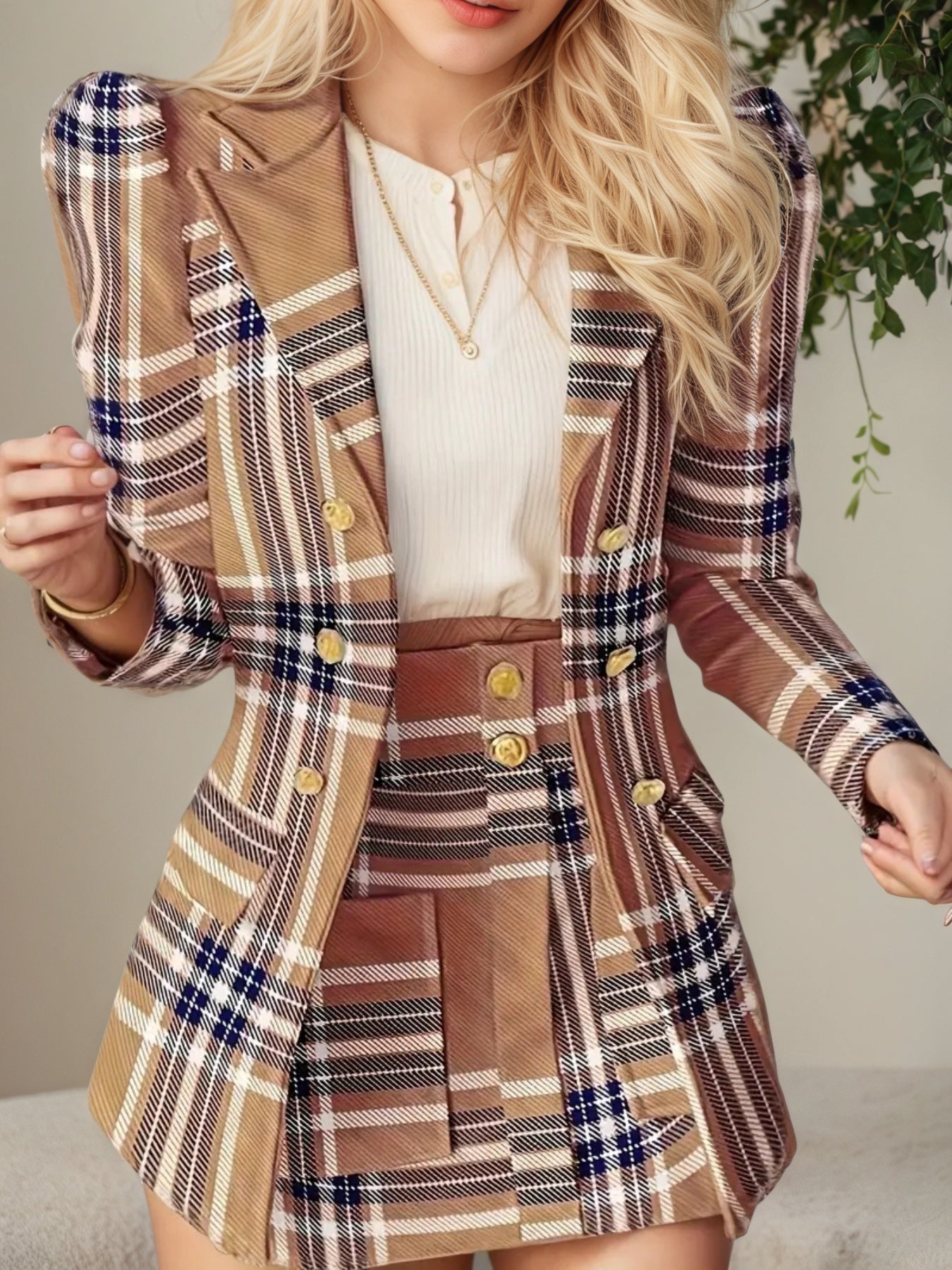 Women’s Double Breasted Plaid Jacket and Skirt Two Piece Set - Image 3