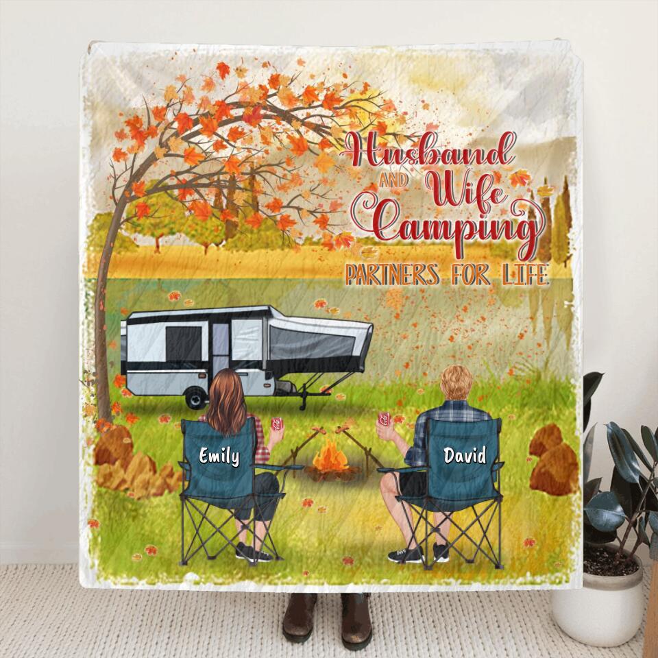 Personalized Camping In The Fall Blanket - Parents Up to 4 Kids, 4 Pets - Husband And Wife Camping Partners For Life