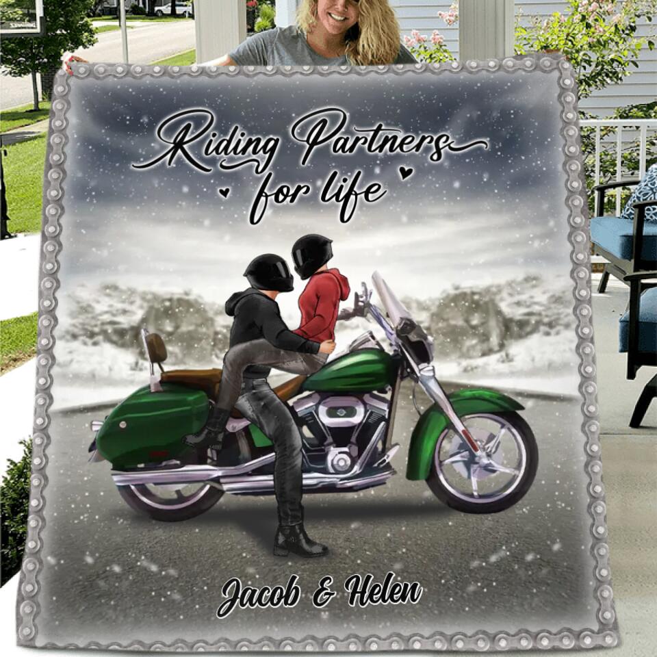 Personalized Biker Fleece Throw Blanket/Quilt - Riding Partners For Life - Wedding Anniversary Gift Idea For Couple/Parents
