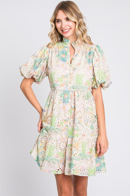 Floral Eyelet Lace Puff Sleeve Mini Dress