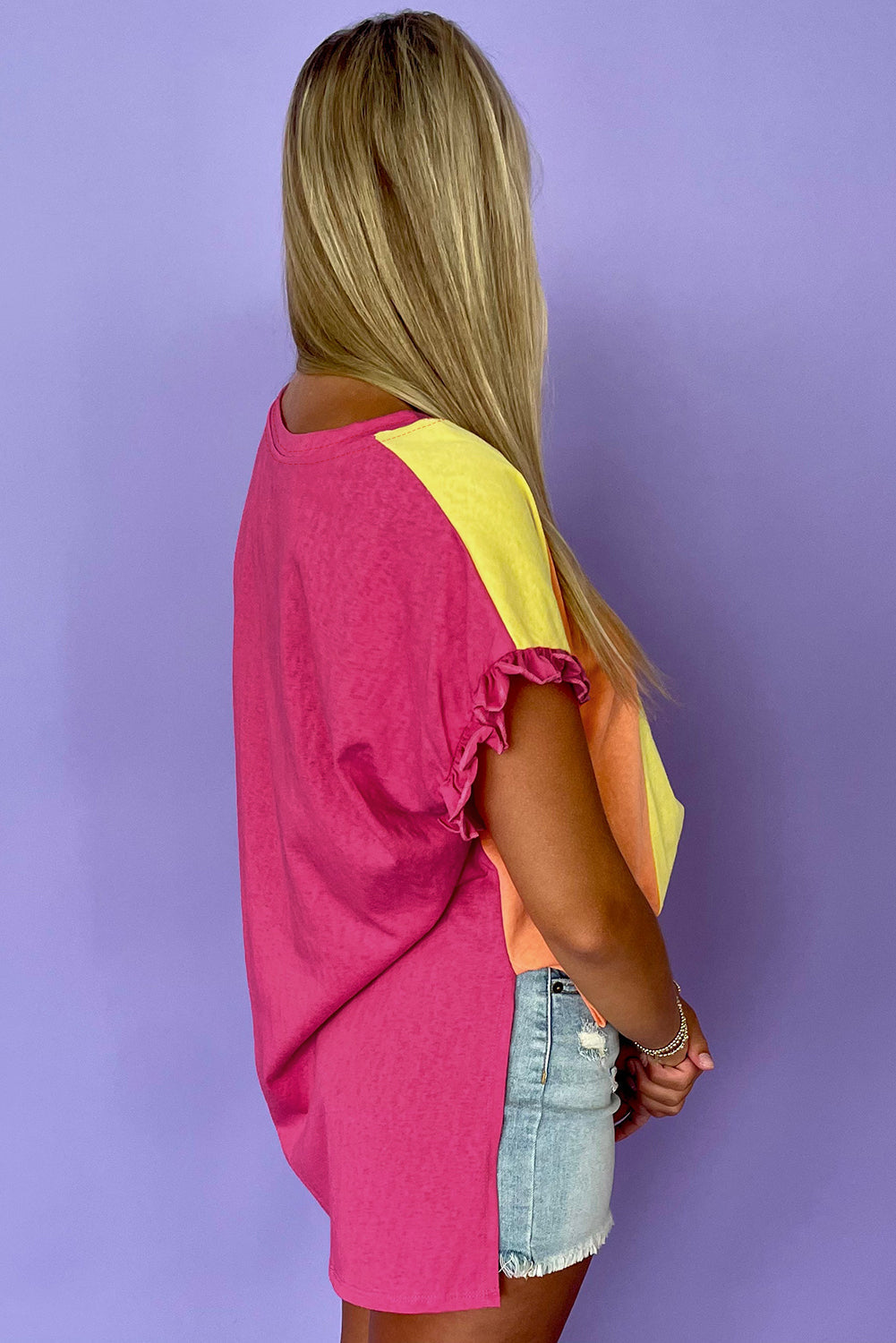 Rose Red Color Block Ruffled Crew Neck Loose Fit T-Shirt