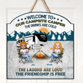 Personalized Camping Friends/Couple Wooden Sign - Up to 7 People - Gift Idea For Friends/Camping Lover - Welcome To Our Campsite Camper The Drinks Are Cold The Laughs Are Loud