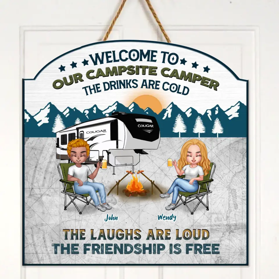 Personalized Camping Friends/Couple Wooden Sign - Up to 7 People - Gift Idea For Friends/Camping Lover - Welcome To Our Campsite Camper The Drinks Are Cold The Laughs Are Loud