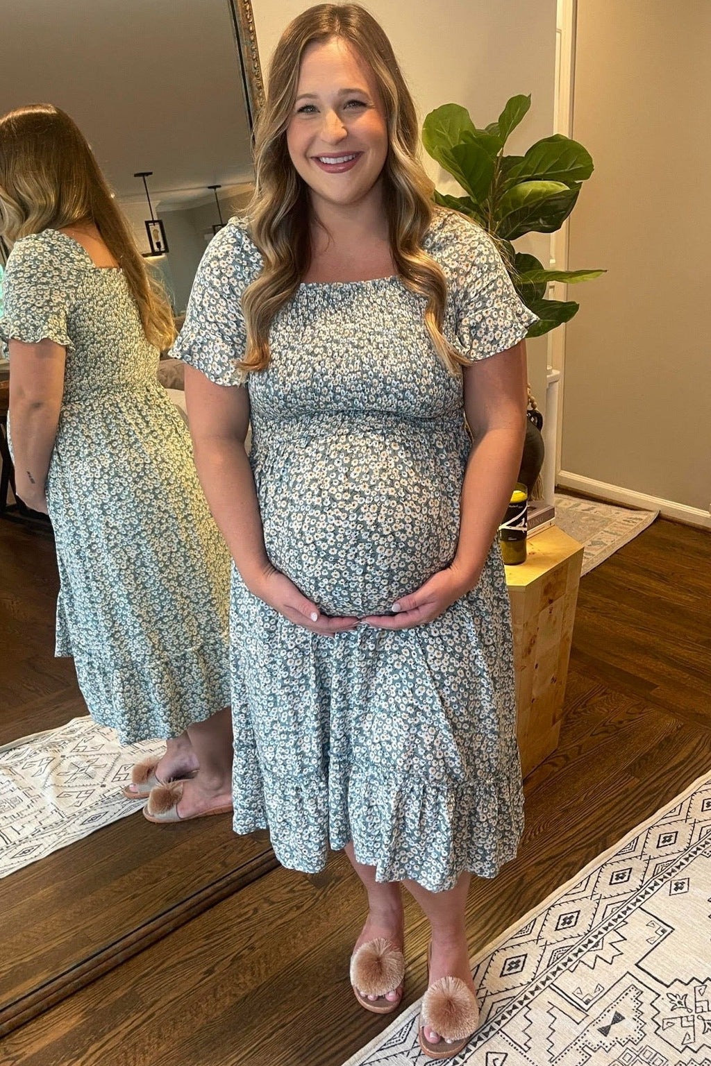 Light Blue Floral Ruffle Maternity Midi Dress