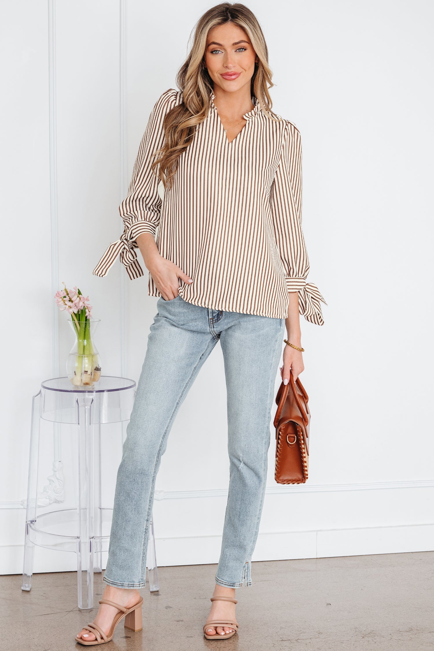 Blair Tied Cuffs Seersucker Blouse in Brown and White Stripe