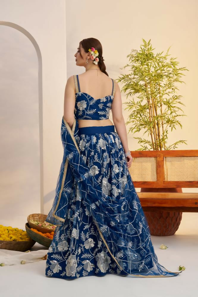 Peach Blue Butterfly Net Lehenga with White Thread & Sequence Work