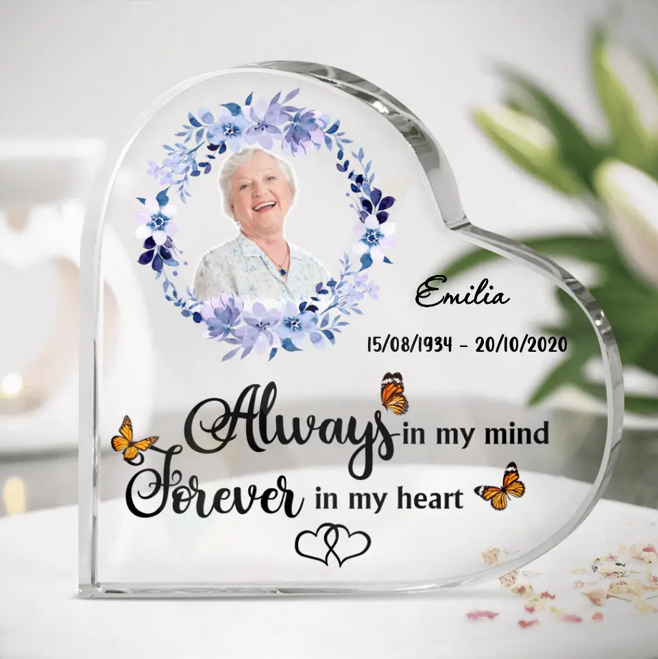 Personalized Memorial Photo Crystal Heart - Memorial Gift Idea for Father's Day/Mother's Day - Always In My Mind Forever In My Heart