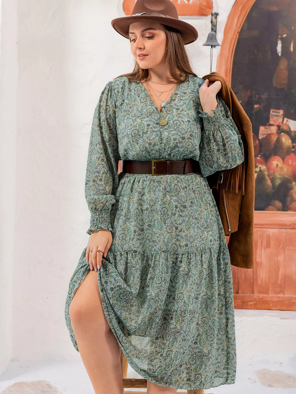 Plus Size Printed V-Neck Long Sleeve Midi Dress