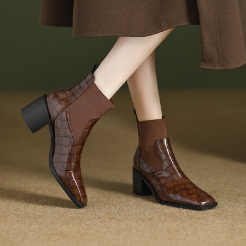 Brown Croc Embossed Square Toe Ankle Boots with Chunky Heel - Image 2