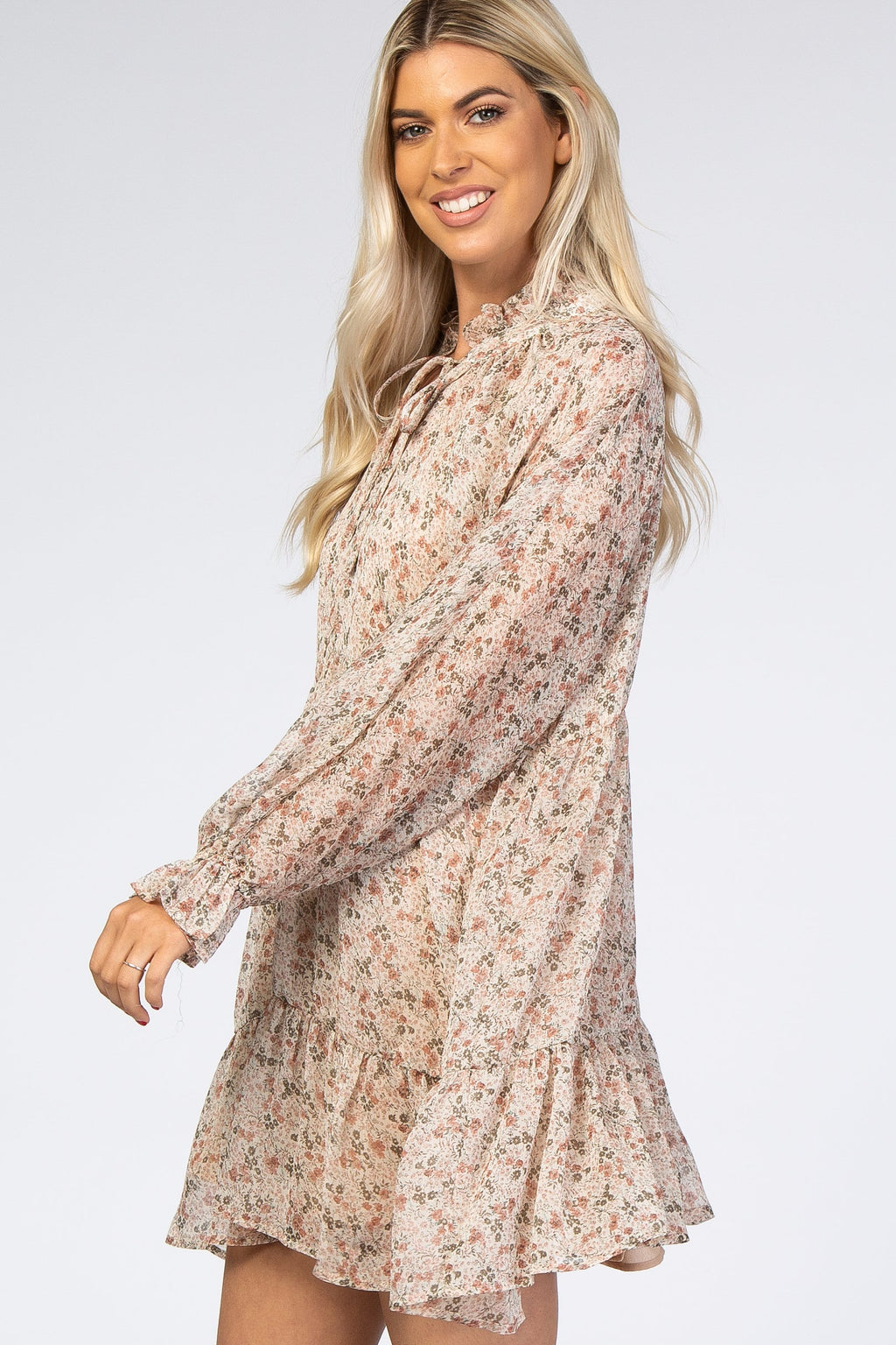 Cream Floral Chiffon Ruffle Hem Dress