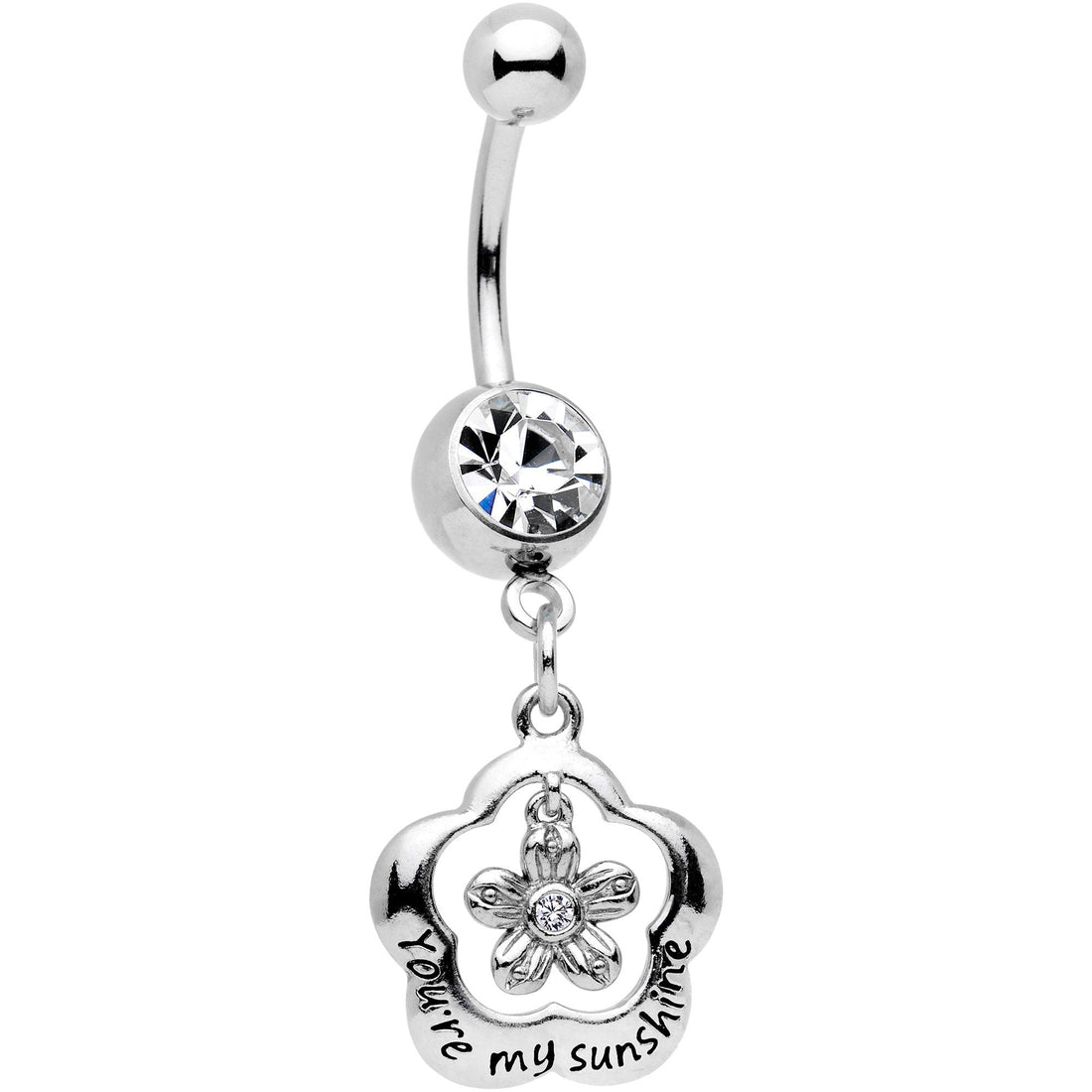Clear Gem Youre My Sunshine Flower Dangle Belly Ring made of surgical steel with a curved barbell