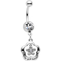 Clear Gem Youre My Sunshine Flower Dangle Belly Ring made of surgical steel with a curved barbell