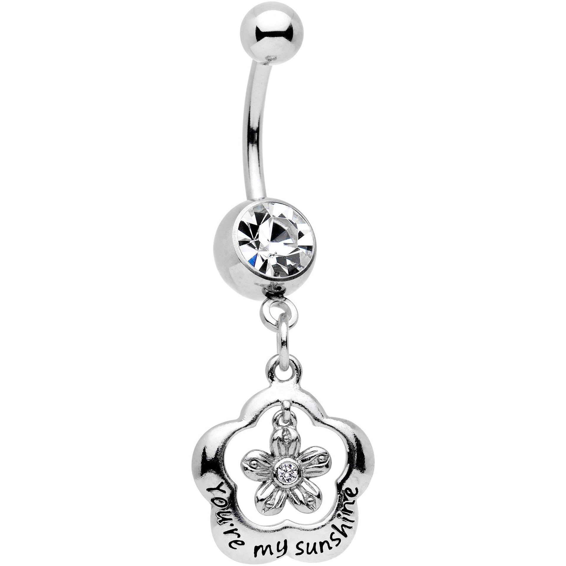 Clear Gem Youre My Sunshine Flower Dangle Belly Ring made of surgical steel with a curved barbell