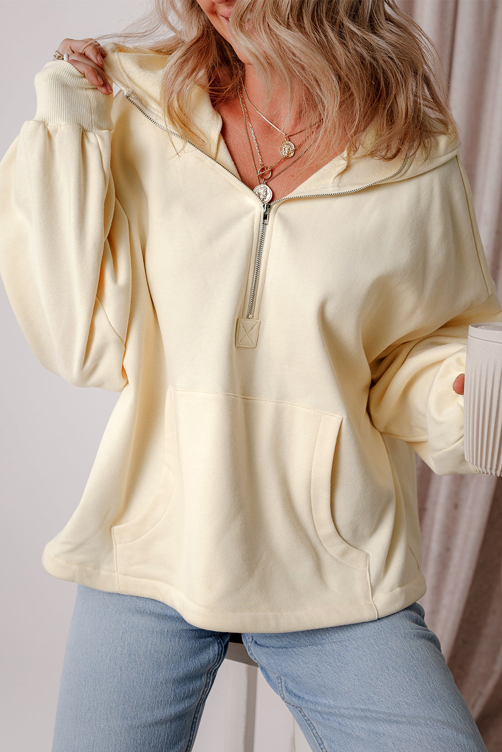 Orange Half Zipper Hoodie with Kangaroo Pockets | Drop Shoulder