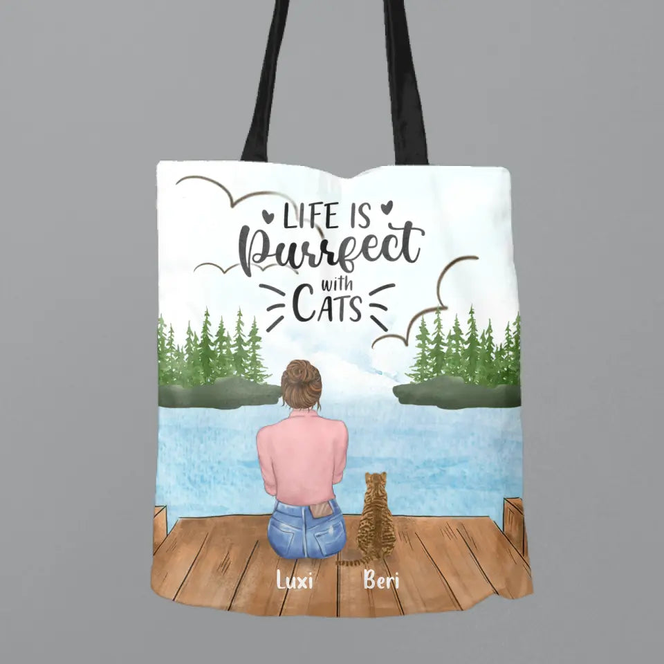 Personalized Cat Mom Canvas Bag - Gift For Cat Lovers With Up to 4 Cats - Life Is Purrfect With Cats