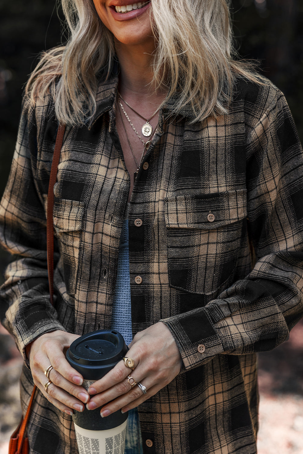 Women's Plaid Brushed Shacket in Tan and Black - Relaxed Fit