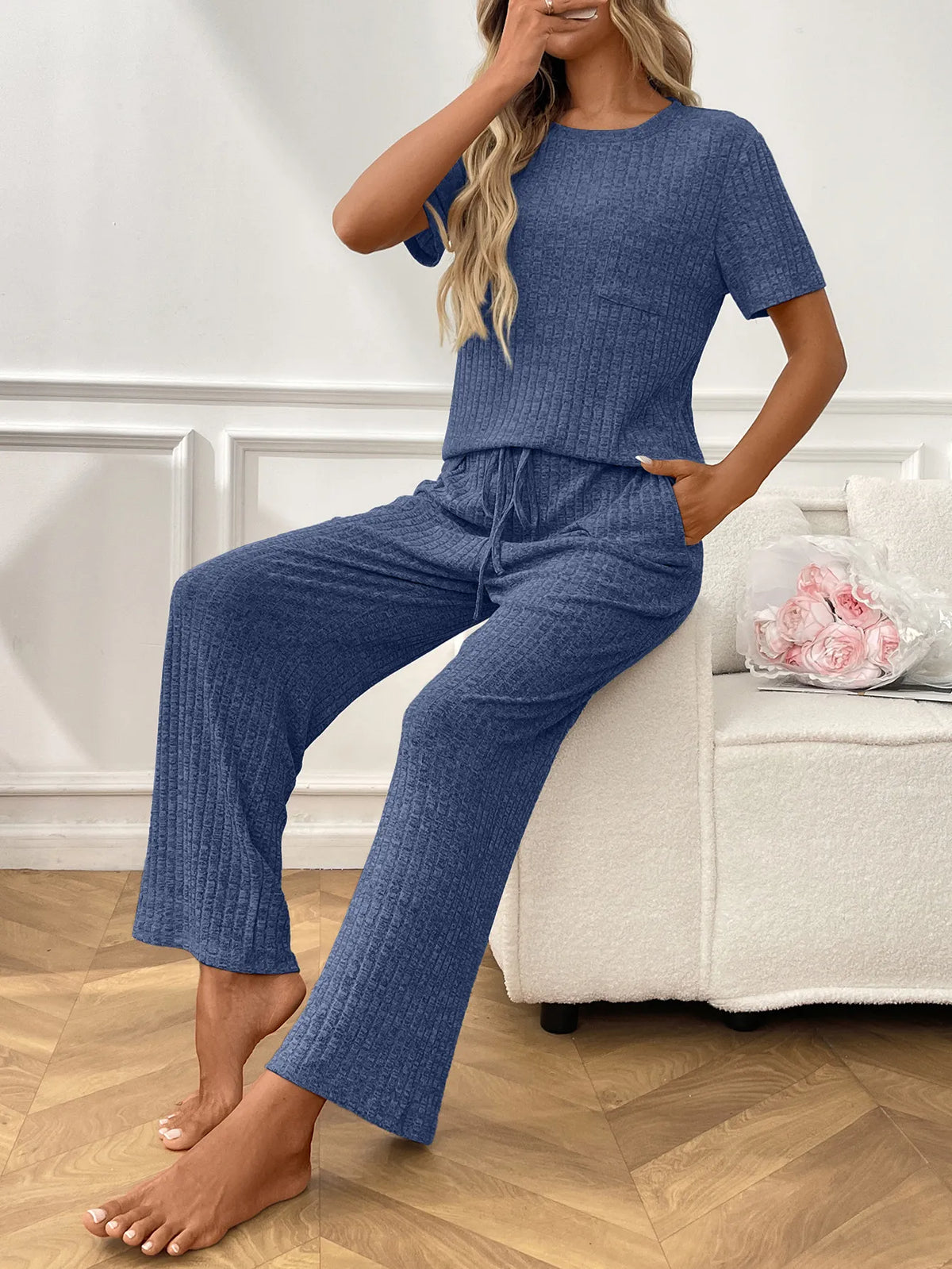 Ribbed Knit Short Sleeve Top and Pants Lounge Set