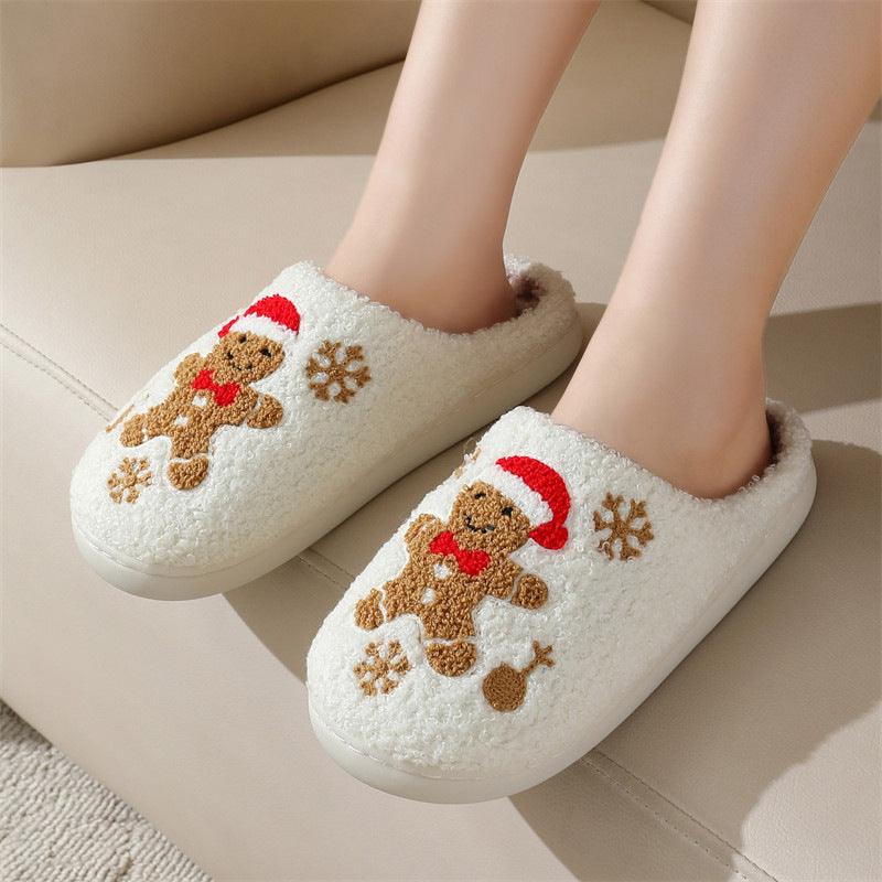 Gingerbread Man Christmas Slippers, Plush Fleece Warm House Shoes