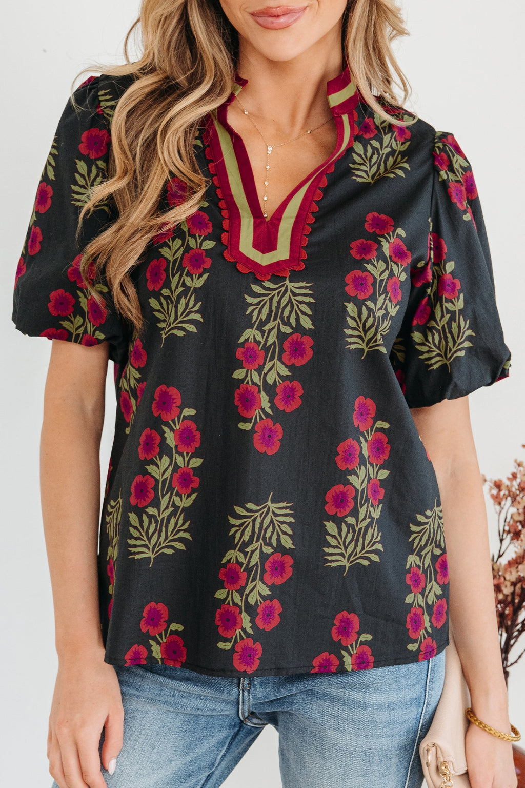 Zoe Floral Contrast Slit Neckline Blouse with Puff Sleeves