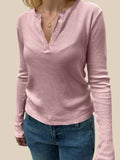 White Waffle Knit Long Sleeve Button Up Henley T-Shirt - Image 7