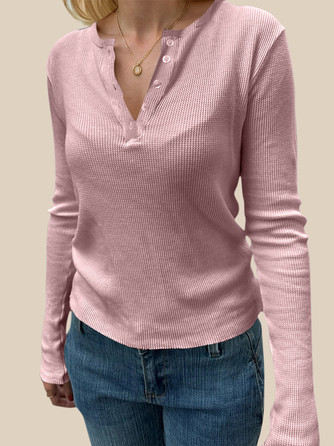 White Waffle Knit Long Sleeve Button Up Henley T-Shirt - Image 7
