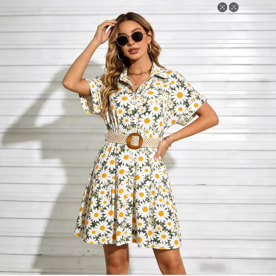 Women’s Short Sleeve Button Down Mini Dress with Woven Belt - Image 2