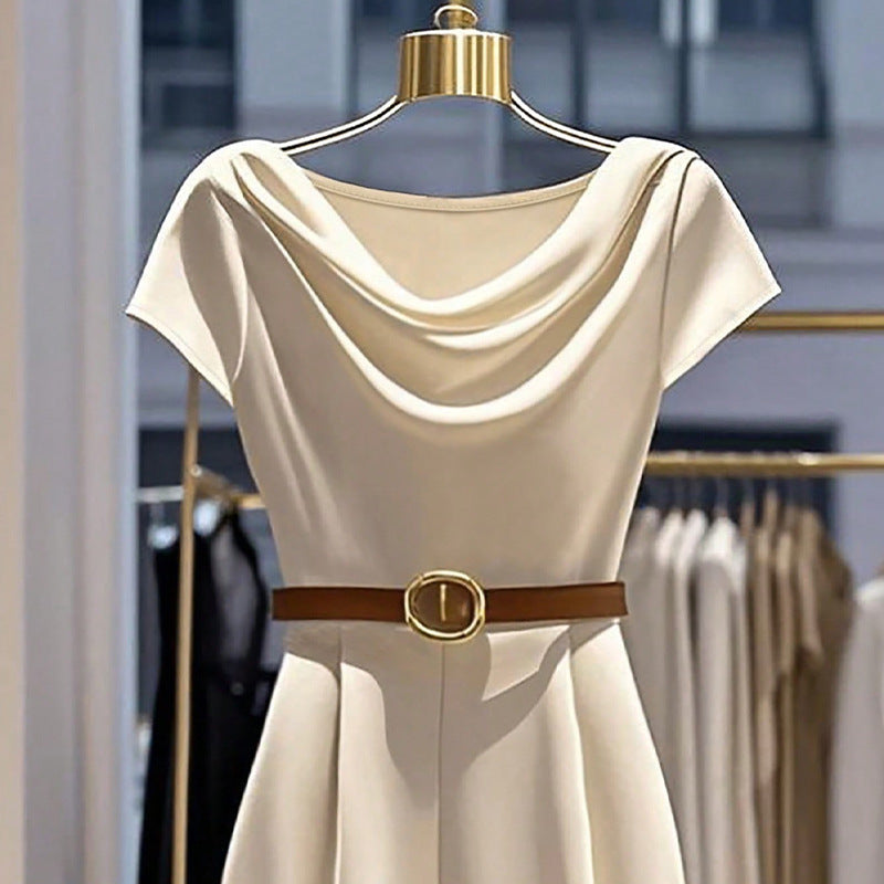 Elegant Satin Wide-Leg Jumpsuit with Cowl Neck in Apricot