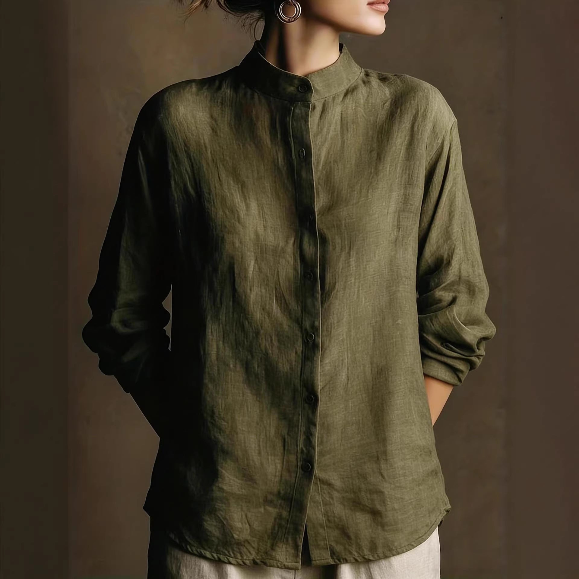 Women's Loose Cotton Linen Long Sleeve Shirt in Olive Green