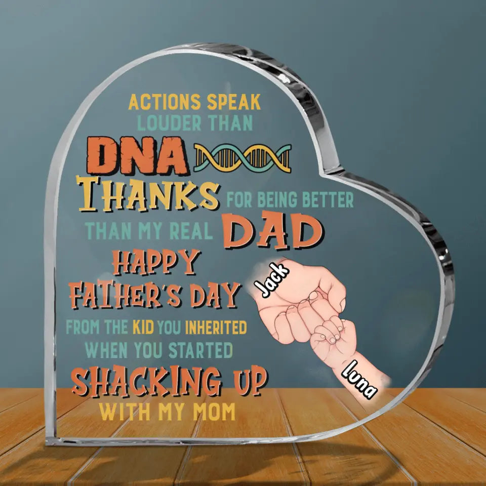 Personalized Step Father Crystal Heart - Best Gift Idea For Father's Day - Up to 6 Kids - Actions Speak Louder Than DNA