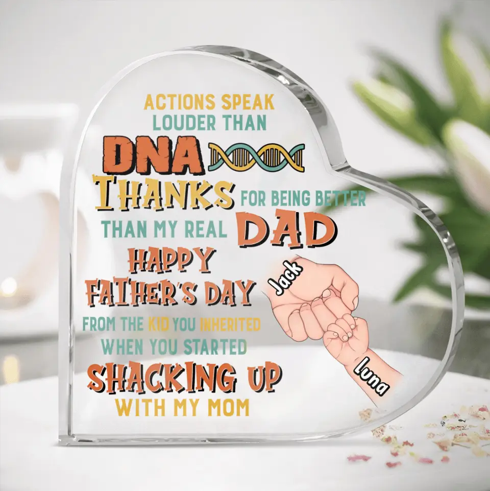 Personalized Step Father Crystal Heart - Best Gift Idea For Father's Day - Up to 6 Kids - Actions Speak Louder Than DNA