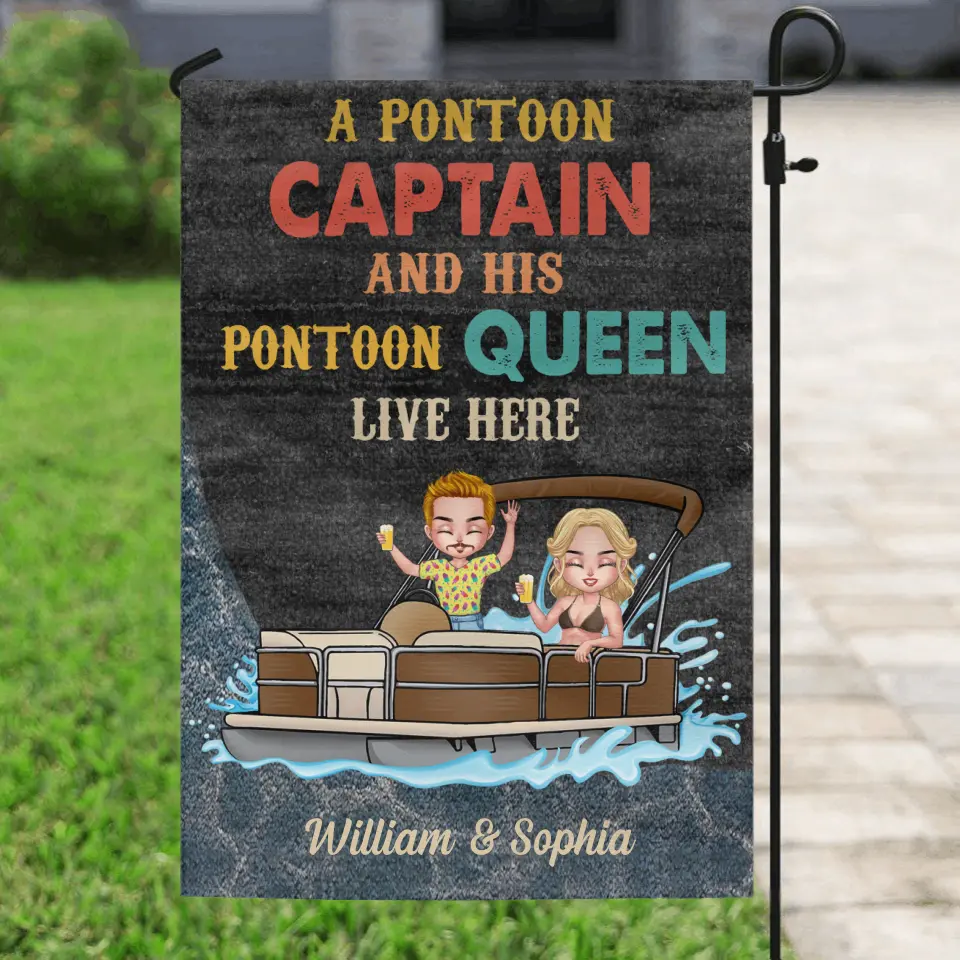 Personalized Pontoon Couple Flag Sign - Gift Idea For Couple/Pontoon Lovers - A Pontoon Captain And His Pontoon Queen Live Here