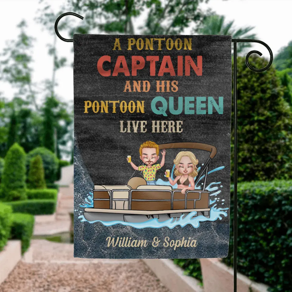 Personalized Pontoon Couple Flag Sign - Gift Idea For Couple/Pontoon Lovers - A Pontoon Captain And His Pontoon Queen Live Here