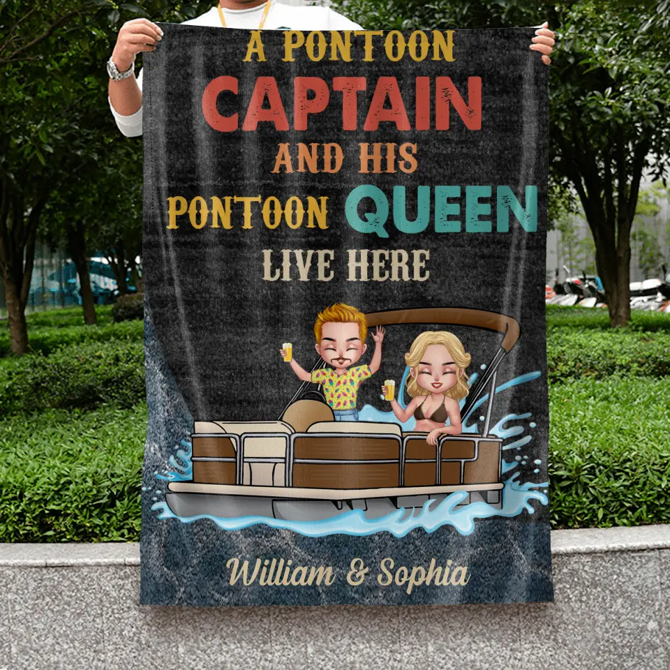 Personalized Pontoon Couple Flag Sign - Gift Idea For Couple/Pontoon Lovers - A Pontoon Captain And His Pontoon Queen Live Here