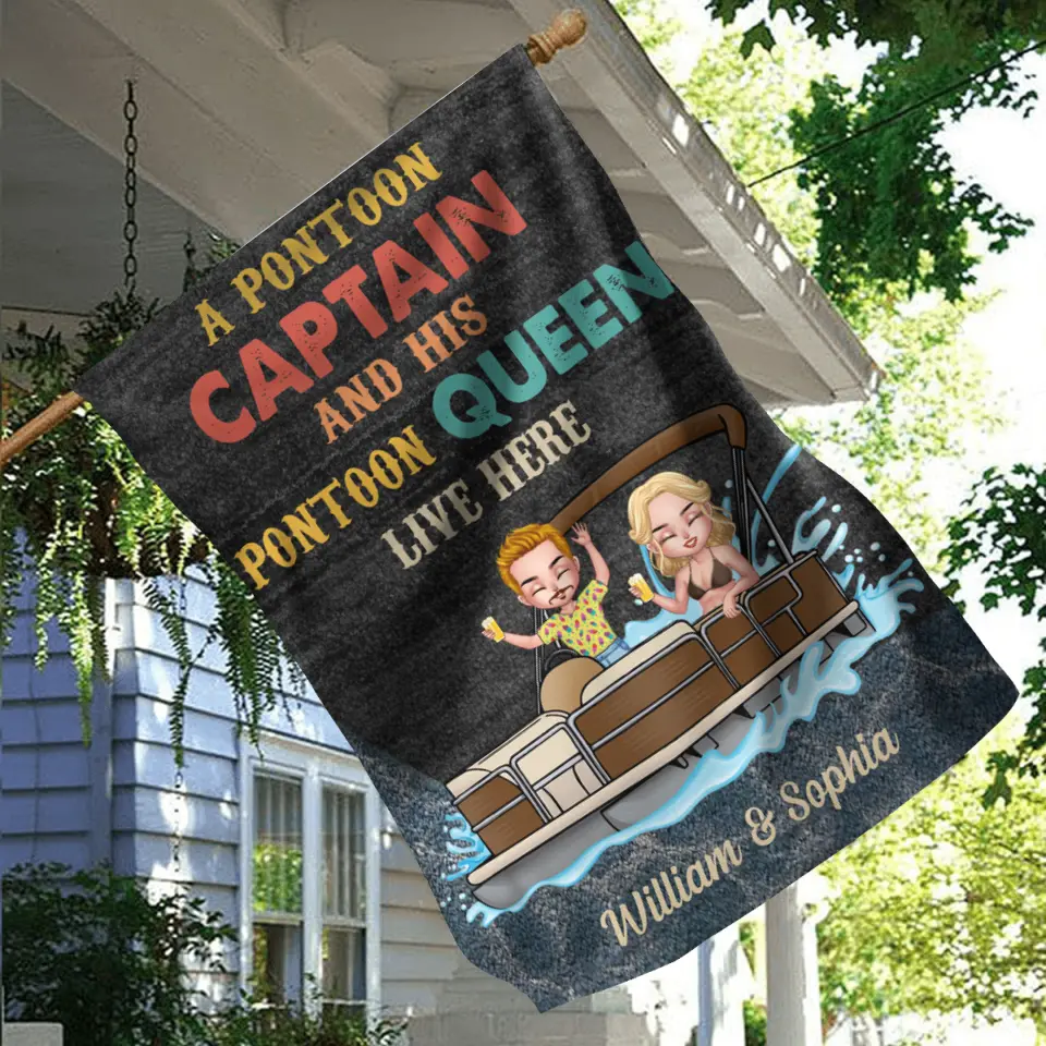 Personalized Pontoon Couple Flag Sign - Gift Idea For Couple/Pontoon Lovers - A Pontoon Captain And His Pontoon Queen Live Here