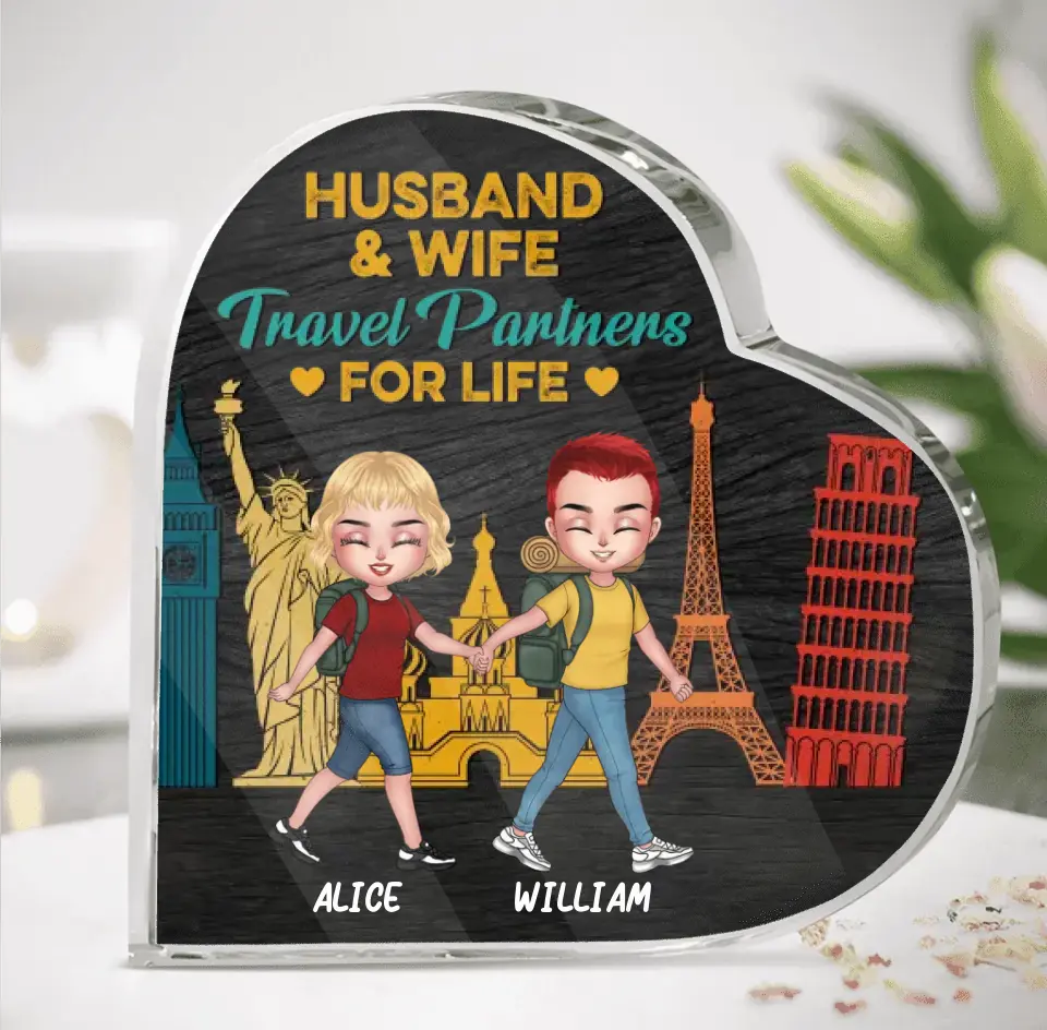 Personalized Traveling Couple Crystal Heart - Gift Idea For Traveling Lover/Couple - Husband & Wife Travel Partners For Life