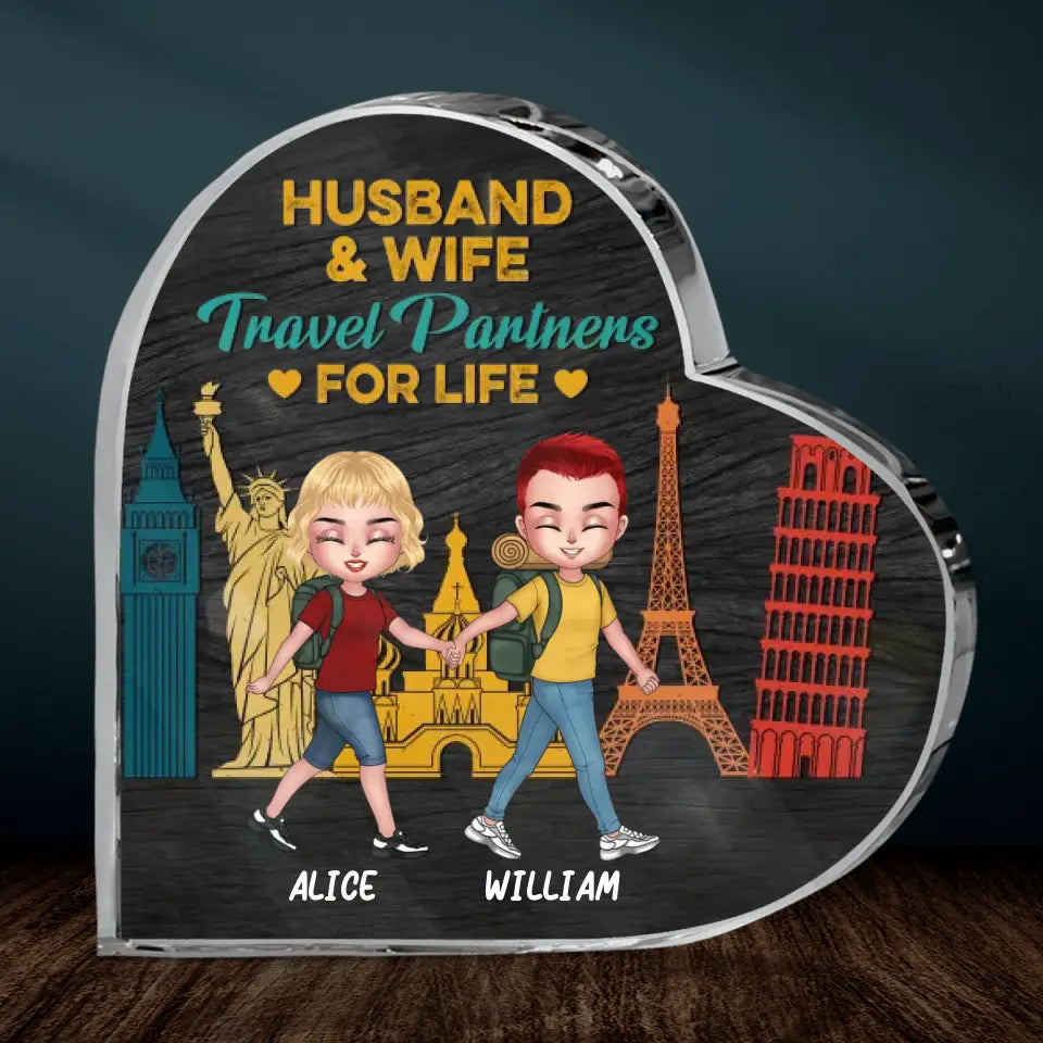 Personalized Traveling Couple Crystal Heart - Gift Idea For Traveling Lover/Couple - Husband & Wife Travel Partners For Life