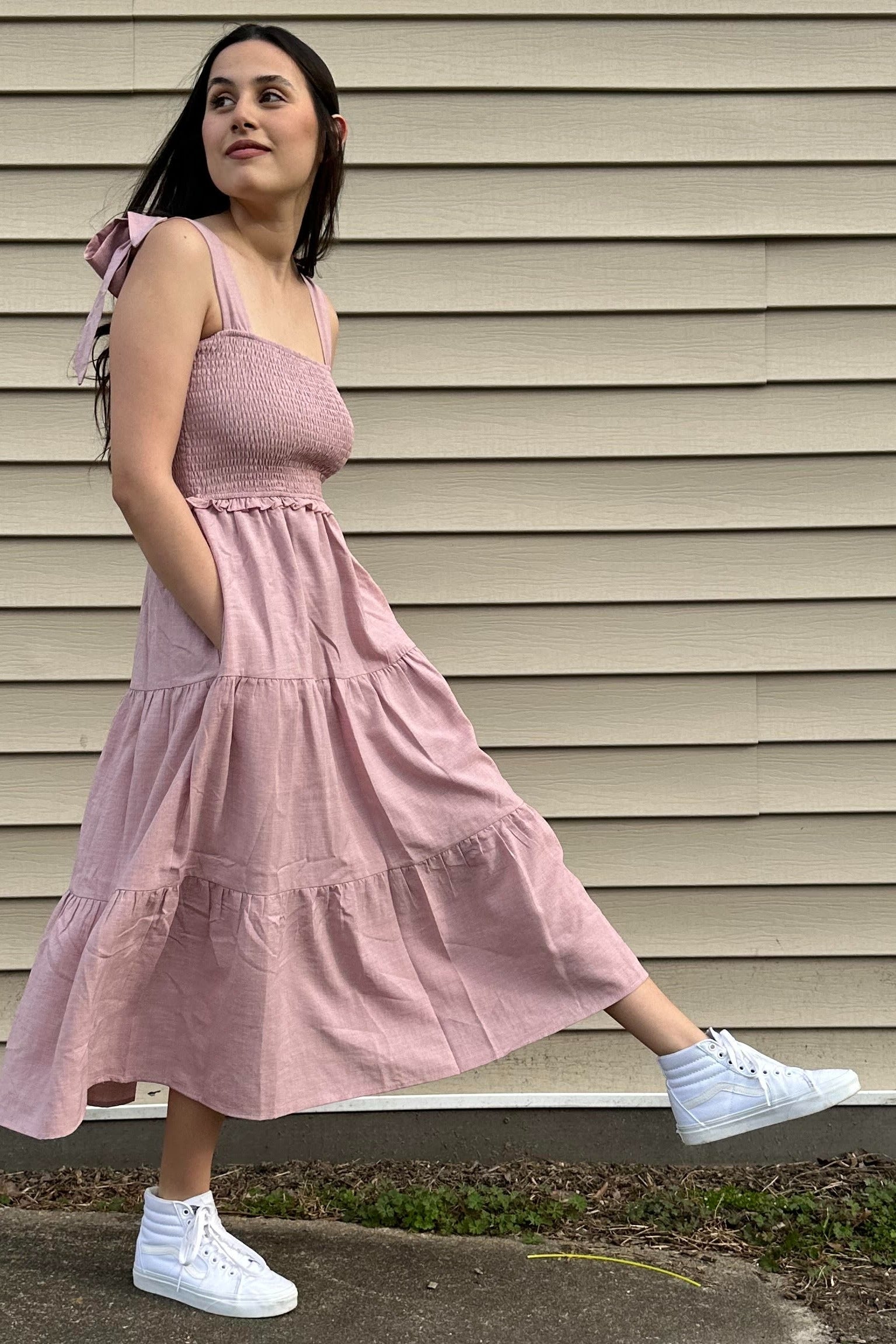 Mauve Bow Strap Tiered Midi Dress